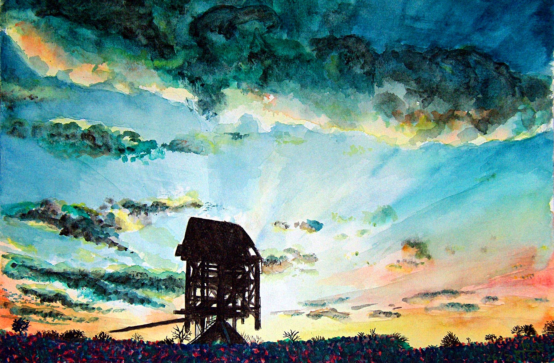 art painting by Stefan Schultze: The old windmill of Langerwisch / Die alte Windm&uuml;hle bei Langerwisch. This one is now historical since the windmill ruin got destroyed during a heavy storm.