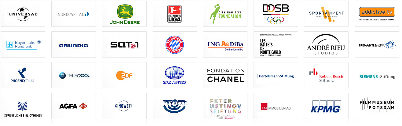 Some Companies and Projects I have worked for ... Universal Music, Nordcapital, BR - Bayerischer Rundfunk, Bayerisches Fernsehen, Bundesliga, DFL, DOSB Deutscher Olympischer Sportbund, Dirk Nowitzki Foundation Stiftung, GRUNDIG, Sat.1, FC Bayern, Telepool, ZDF, Star Clippers, Oeffentliche Bibliotheken, AGFA, Kinowelt, City of Potsdam, JOHN DEERE, Bundesliga, DFL Stiftung, FONDACION CHANEL, Freemantle Media, Sportainment AG, Andre Rieu Studios, Siemens Stiftung, Robert Bosch Stiftung, Aurides Stiftung, DFL Stiftung, Les Ballets de Montecarlo, SIEMENS STIFTUNG, IFM Immobilien, ...